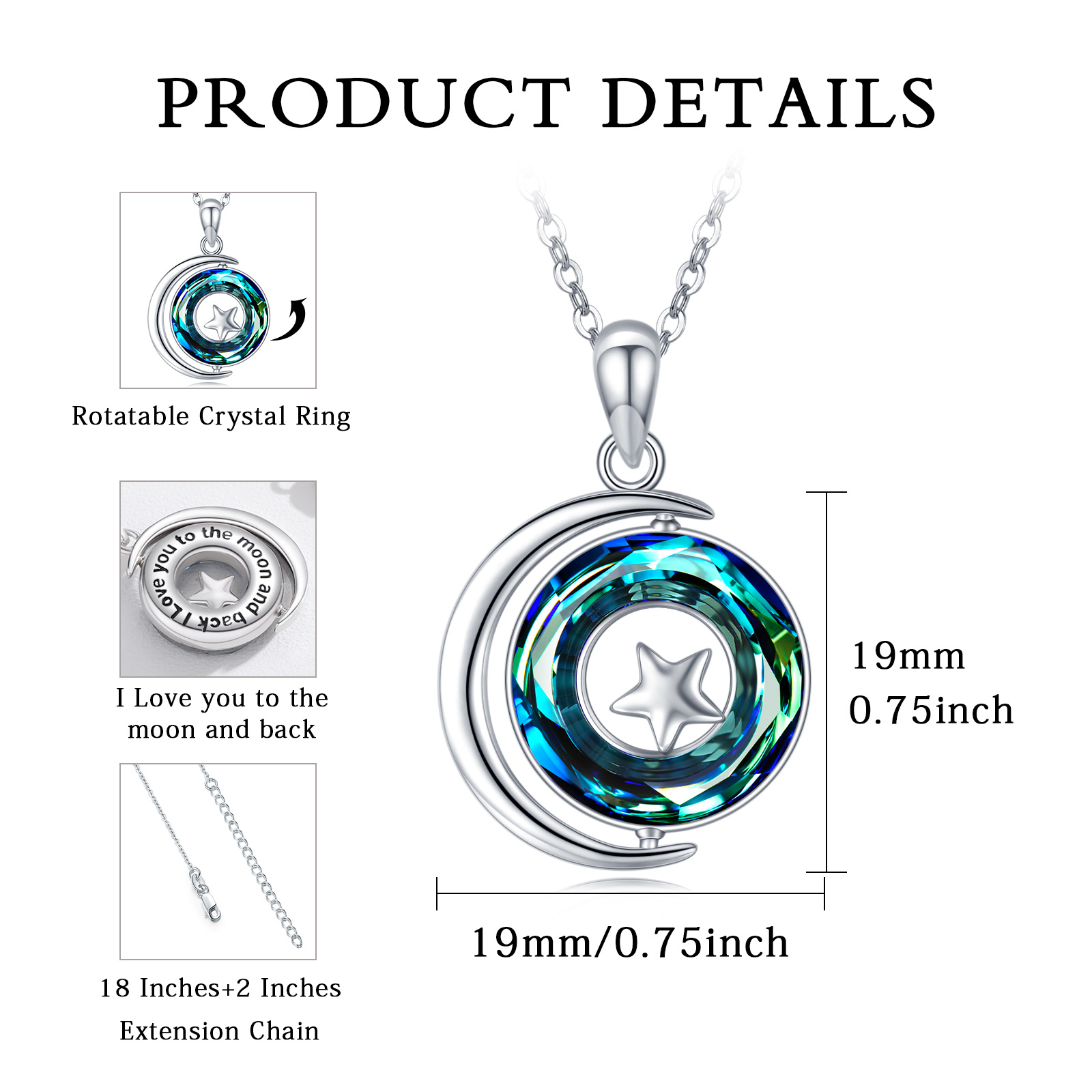 Women's 925 Sterling Silver Star Moon Pendant Necklace